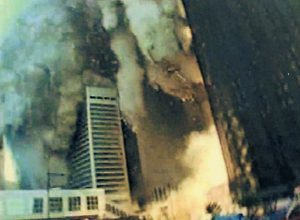 Still frame from footage of The South Tower collapsing onto Paul Berriff